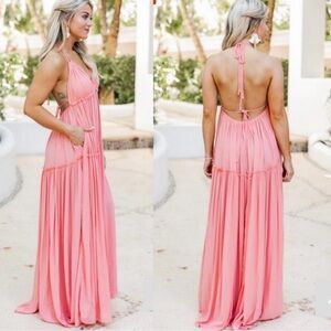 Pink Lily Backless Pink/ Coral Halter Maxi Dress